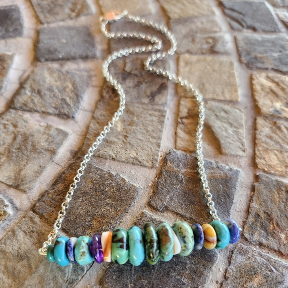 Sterling Silver Multi Gemstone Bar Necklace - Picture 16 of 16